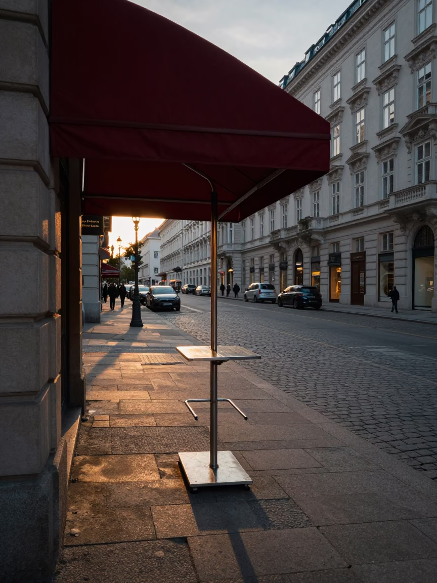 Vienna Early Evening Street Scene with Valet Stand and Headlight Streaks in in Vienna, Austria