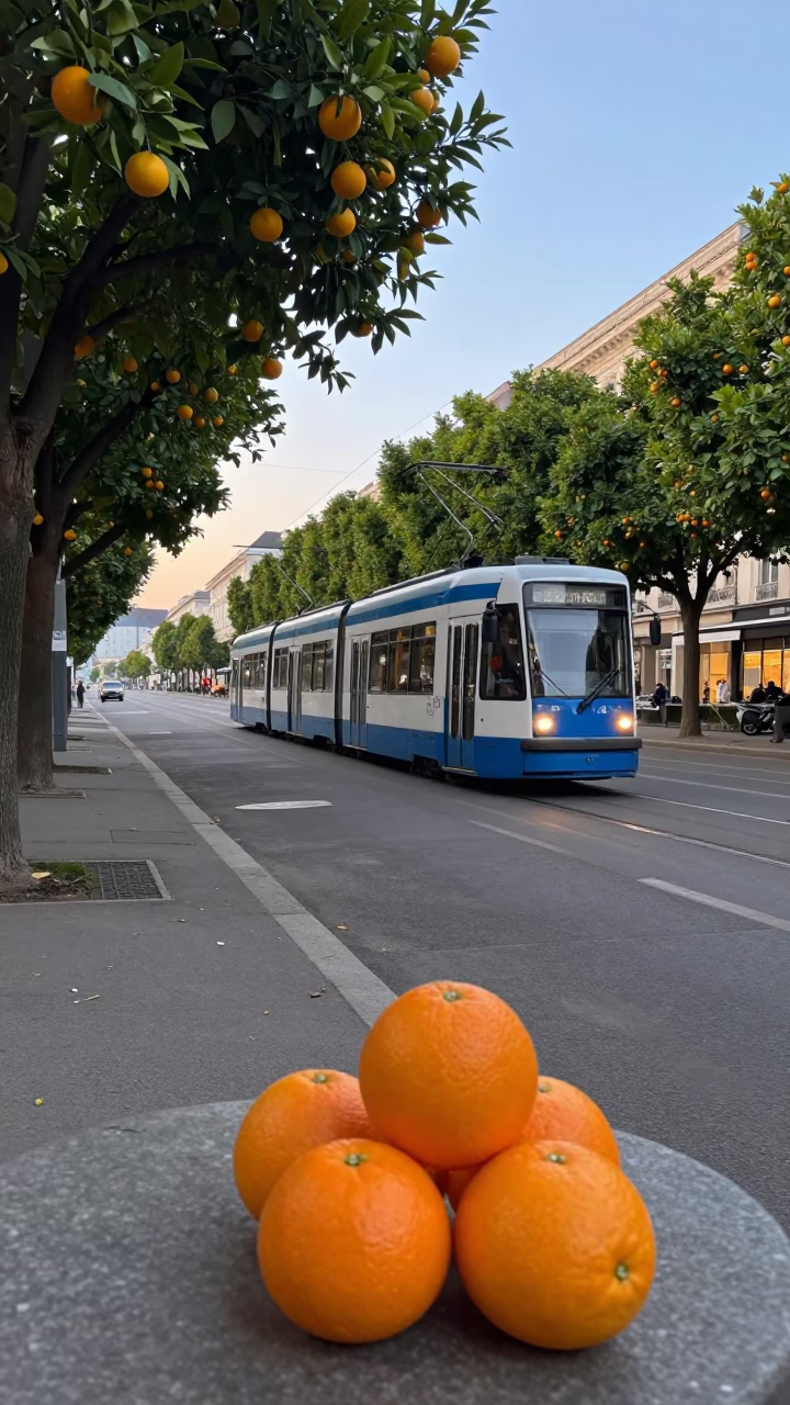 Vienna Early Morning Tramcar on Tree-Lined Boulevard with Oranges and Rust in in Vienna, Austria