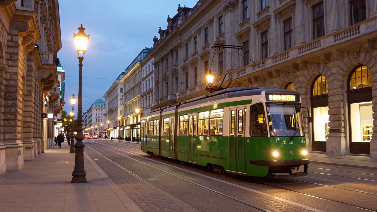 Vienna Evening Ambiance with Tram Lights and Classic Architecture in in Vienna, Austria