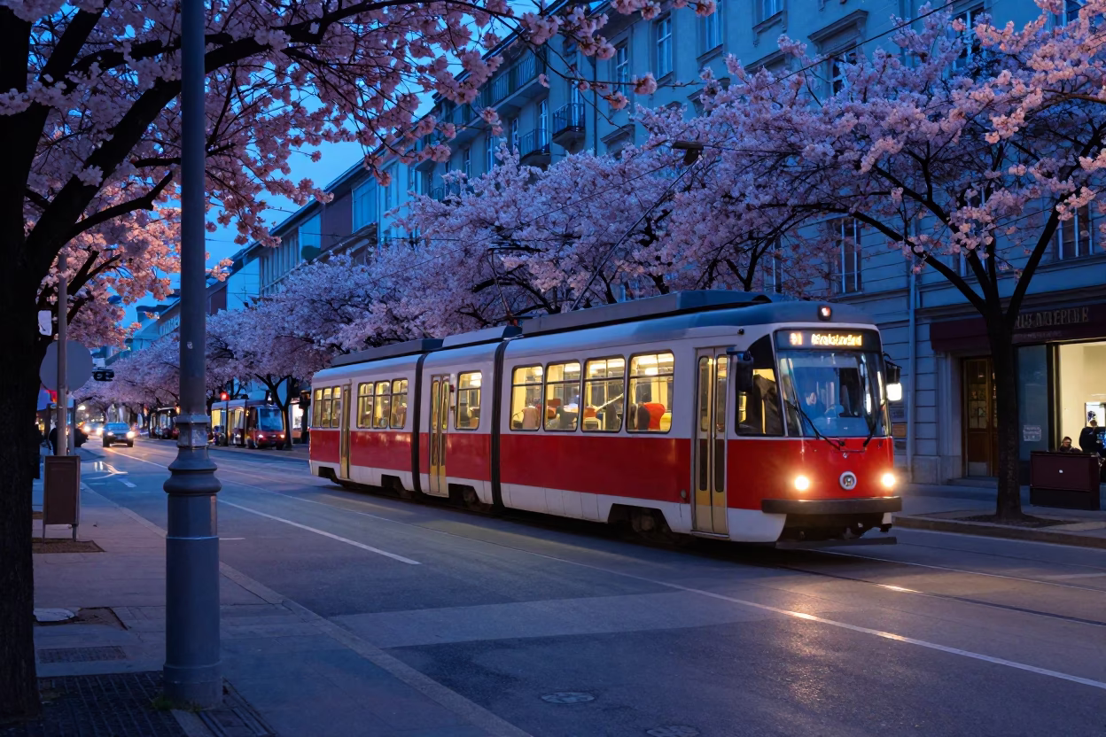Vienna Evening Blue Hour Street Scene with Cherry Blossoms and Tram in in Vienna, Austria