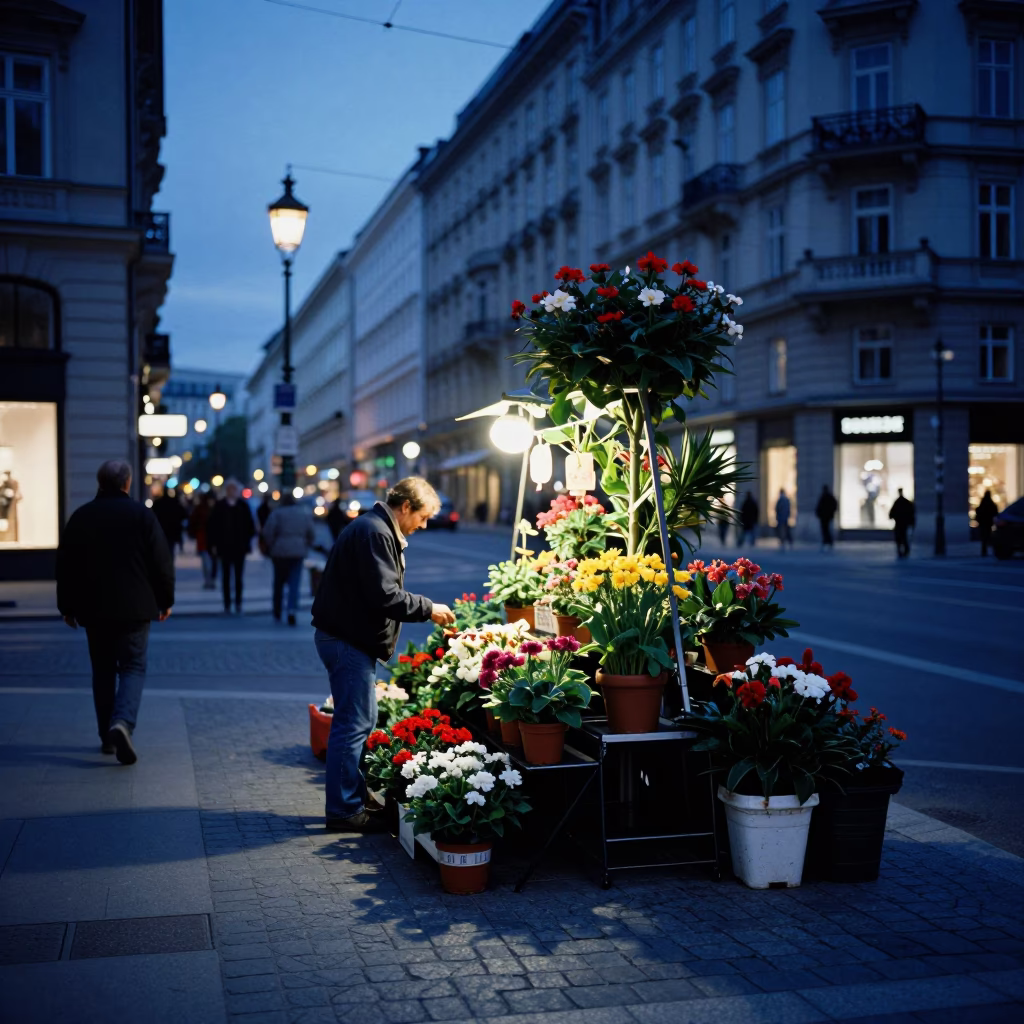 Vienna Evening Blue Hour Street Scene with Flowering Plant and Local Life in in Vienna, Austria