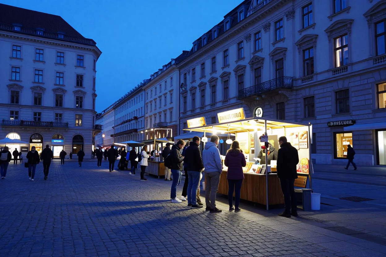 Vienna Evening Blue Hour Street Scene with Local Food and Casual Interactions in in Vienna, Austria