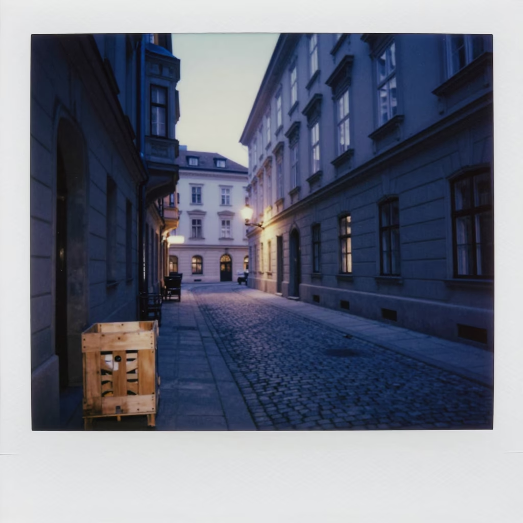 Vienna Evening Blue Light Street Scene with Wooden Crate and Dusty Doorframe in in Vienna, Austria
