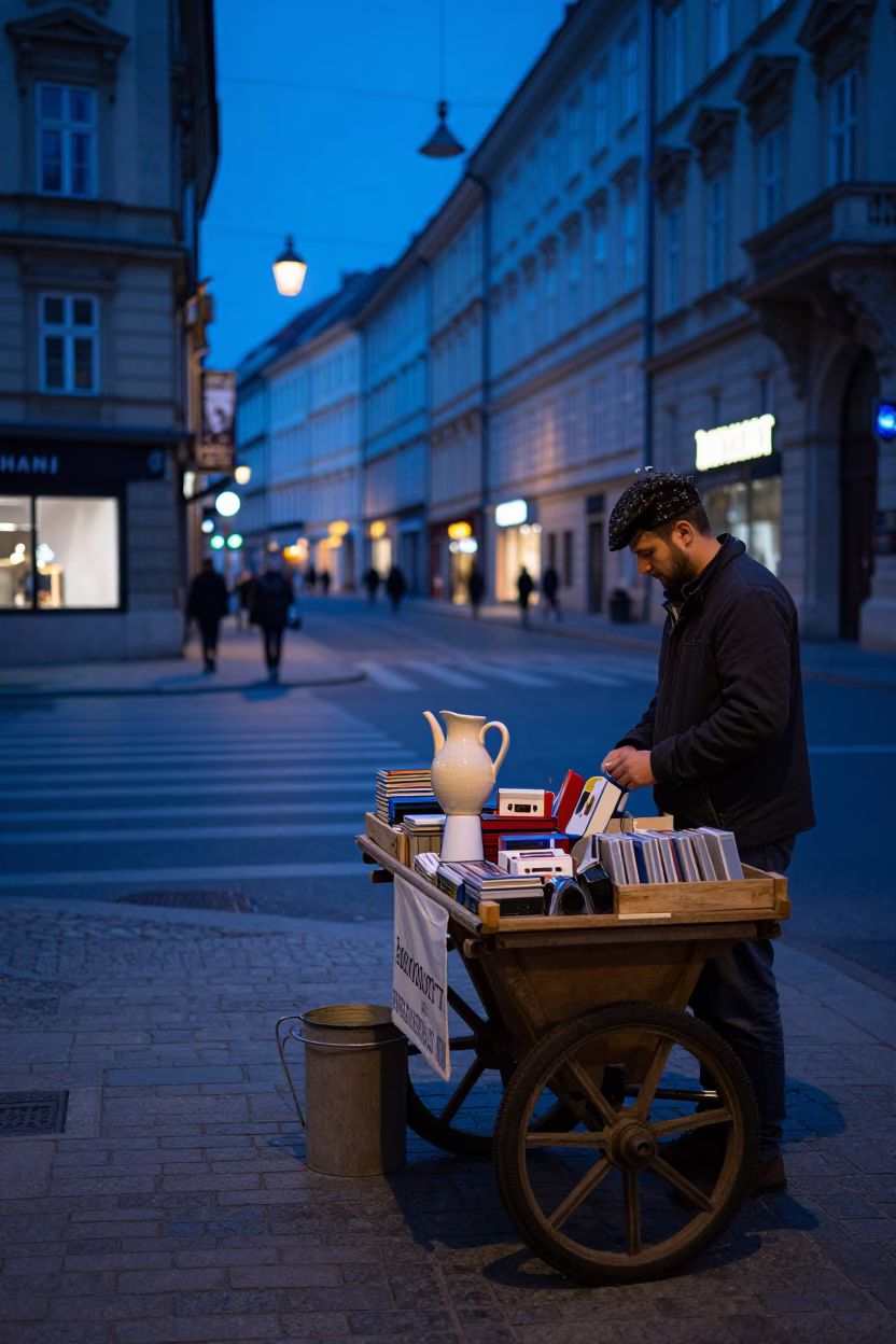 Vienna Evening Street Scene with Ceramic Pitcher and Cassette Tapes in in Vienna, Austria