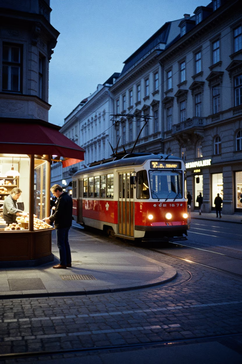 Vienna Evening Street Scene with Classic Tram and Local Shop Display in in Vienna, Austria