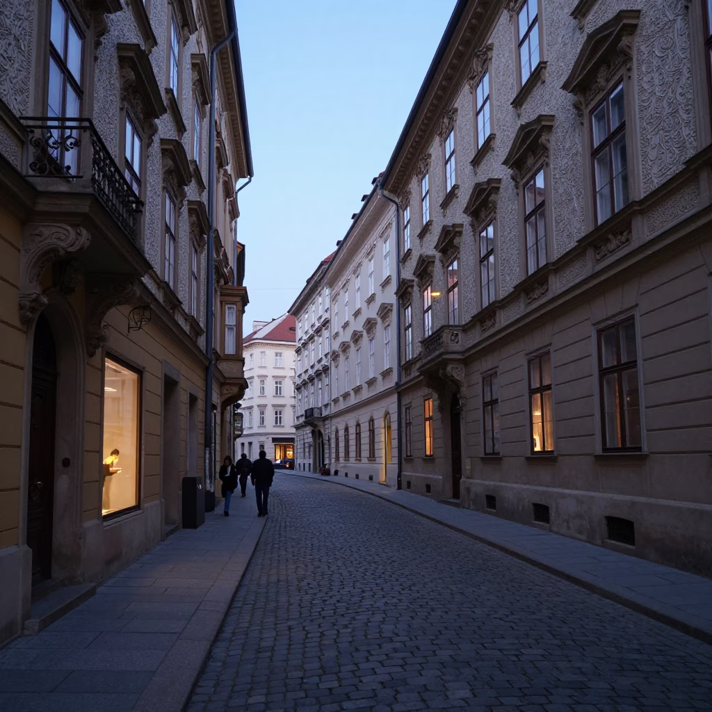Vienna Evening Street Scene with Cobblestones and Classic Architecture Under Blue Light in in Vienna, Austria