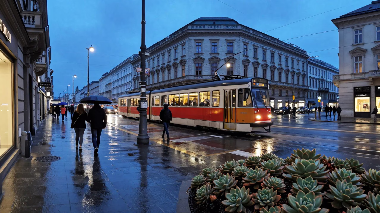 Vienna Evening Street Scene with Heritage Tram and Succulent Pots in in Vienna, Austria