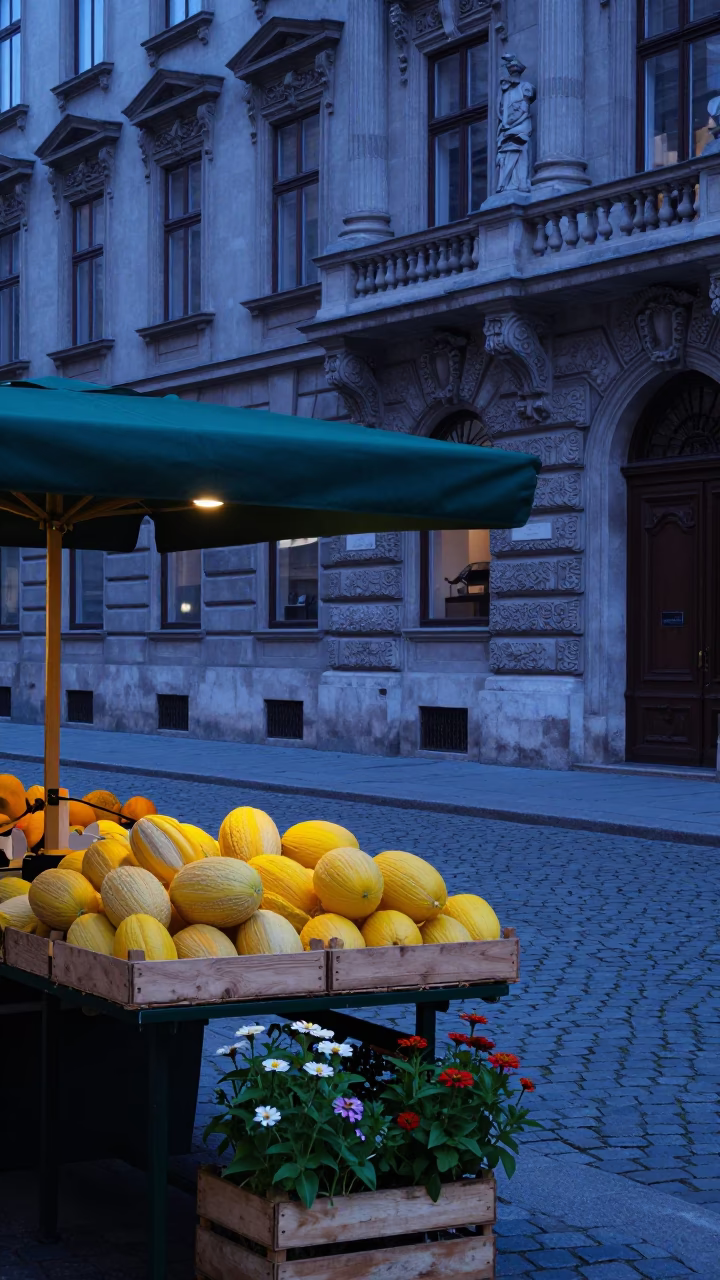 Vienna Evening Street Scene with Melons and Zinnias in Blue Light in in Vienna, Austria