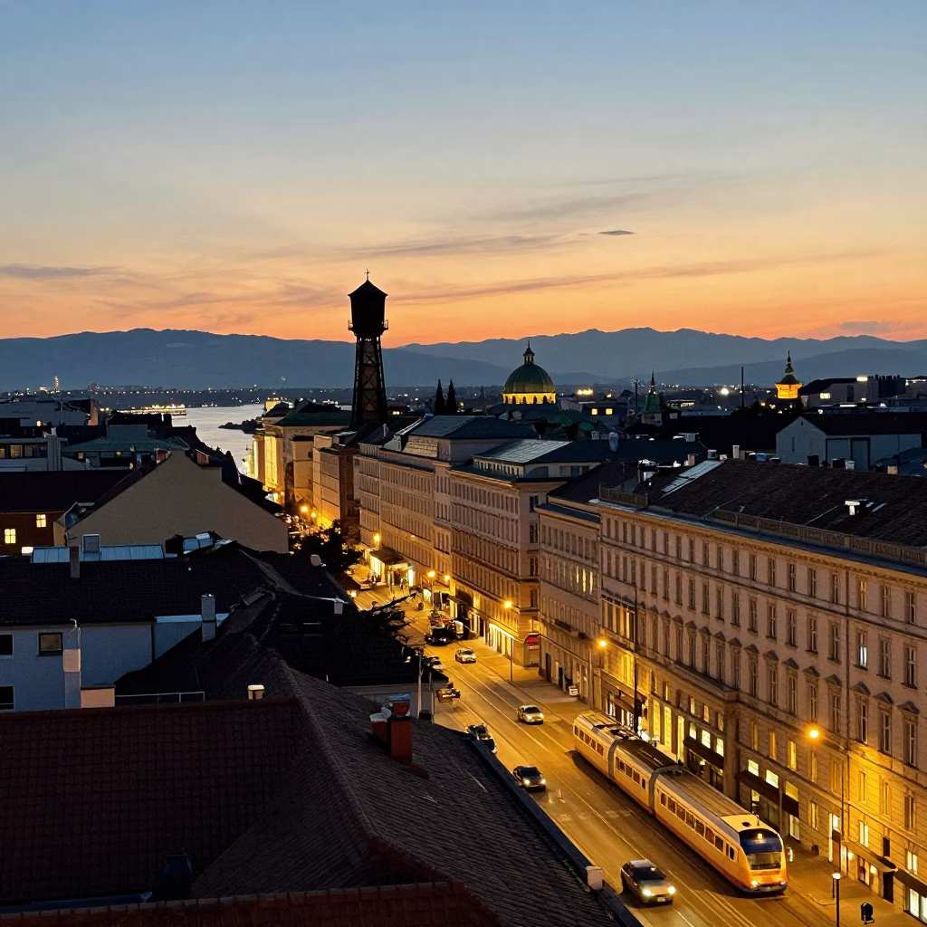 Vienna Evening Street Scene with Night Train and Water Tower in Honeyed Light in in Vienna, Austria