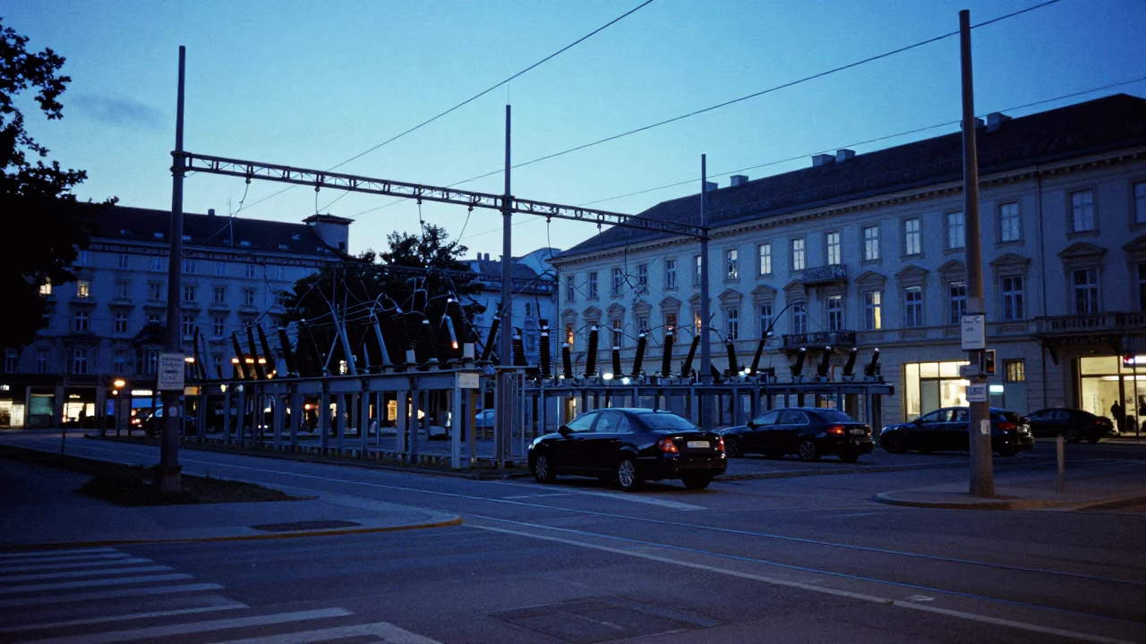 Vienna Evening Street Scene with Substation Busbars and Local Pedestrians in Blue Twilight in in Vienna, Austria