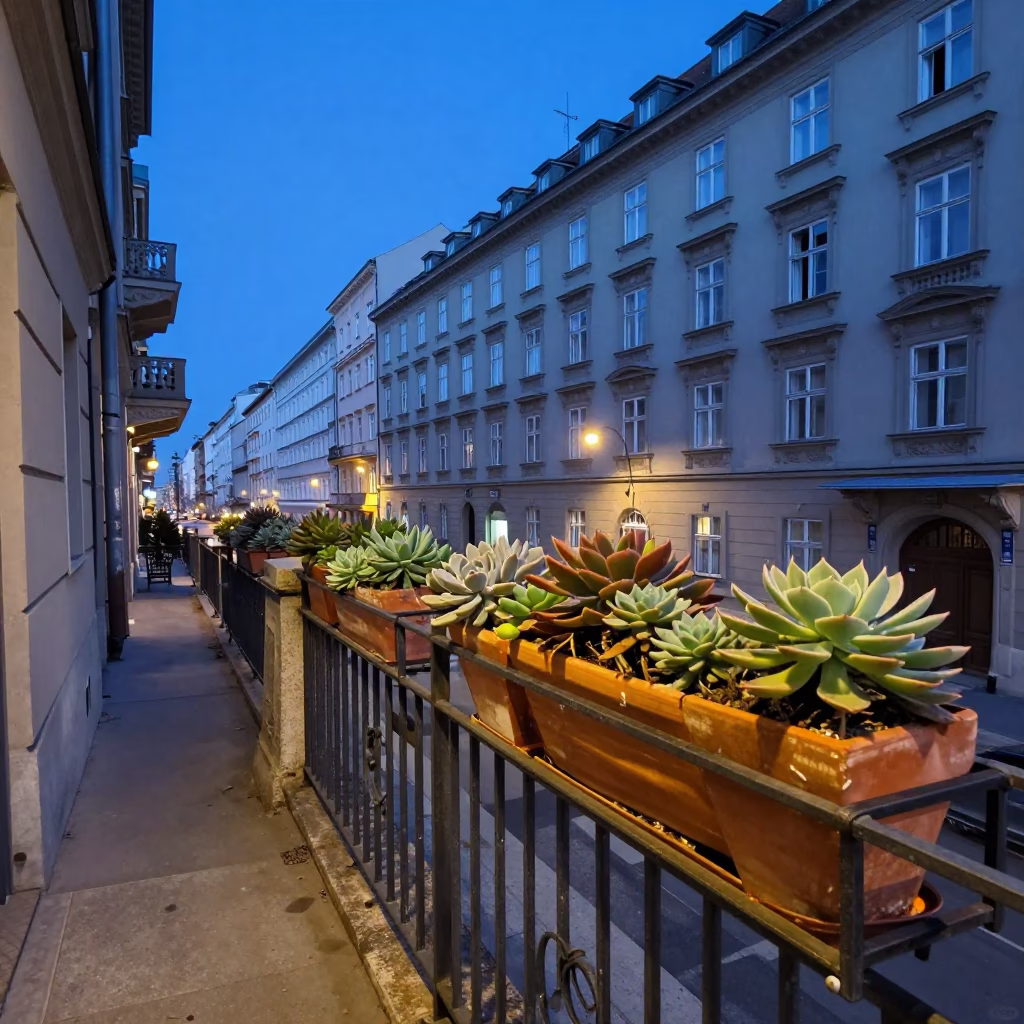 Vienna Evening Street Scene with Succulents and Urban Architecture in in Vienna, Austria