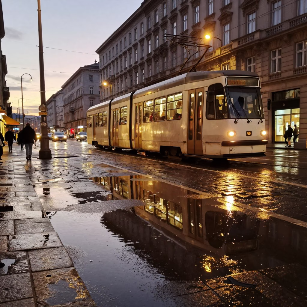 Vienna Evening Street Scene with Tram Reflection on Wet Cobblestones in in Vienna, Austria