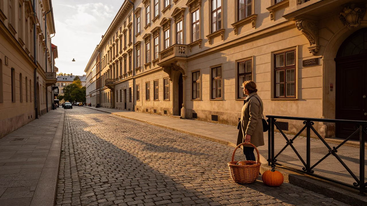 Vienna Evening Street Scene with Wicker Basket and Pumpkin Soup in Honeyed Light in in Vienna, Austria