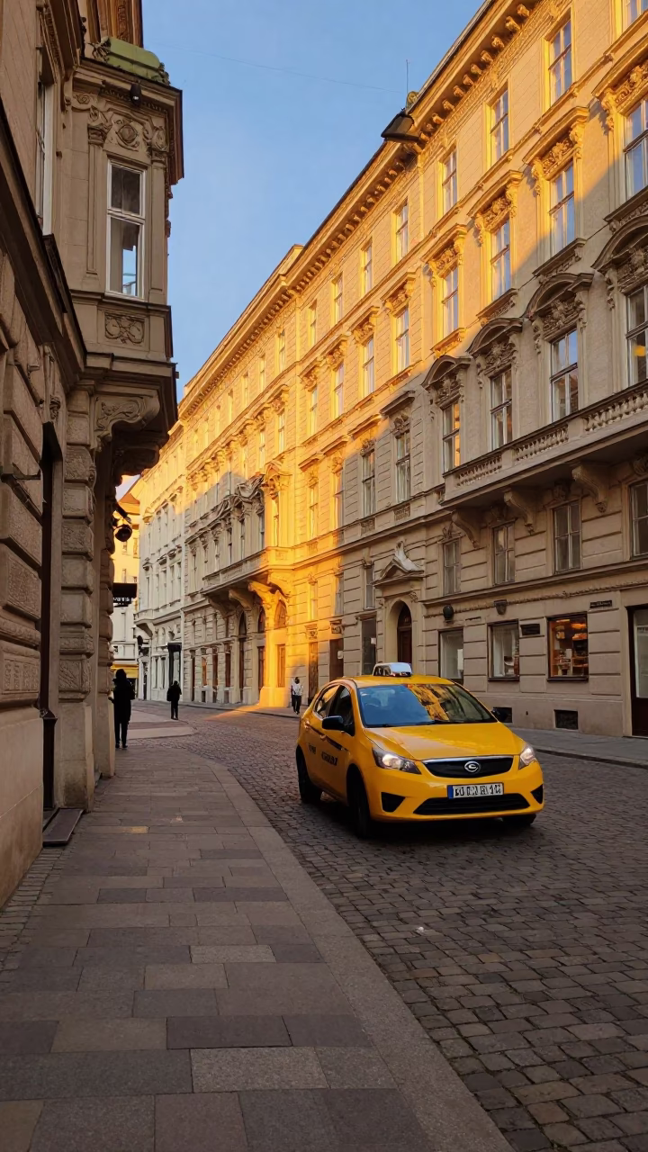 Vienna Evening Street Scene with Yellow Taxi and Pastry Brush Detail in in Vienna, Austria