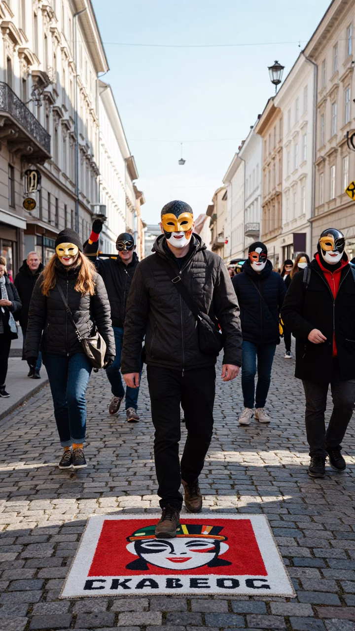 Vienna Fasching Carnival Parade with Painted Masks and Doormat at Noon in in Vienna, Austria