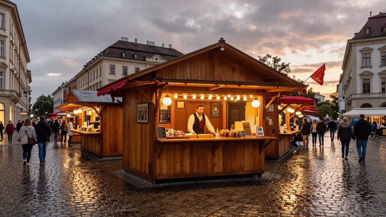 Vienna Festival Food Token Booth at Sunset in at a festival street procession in Vienna