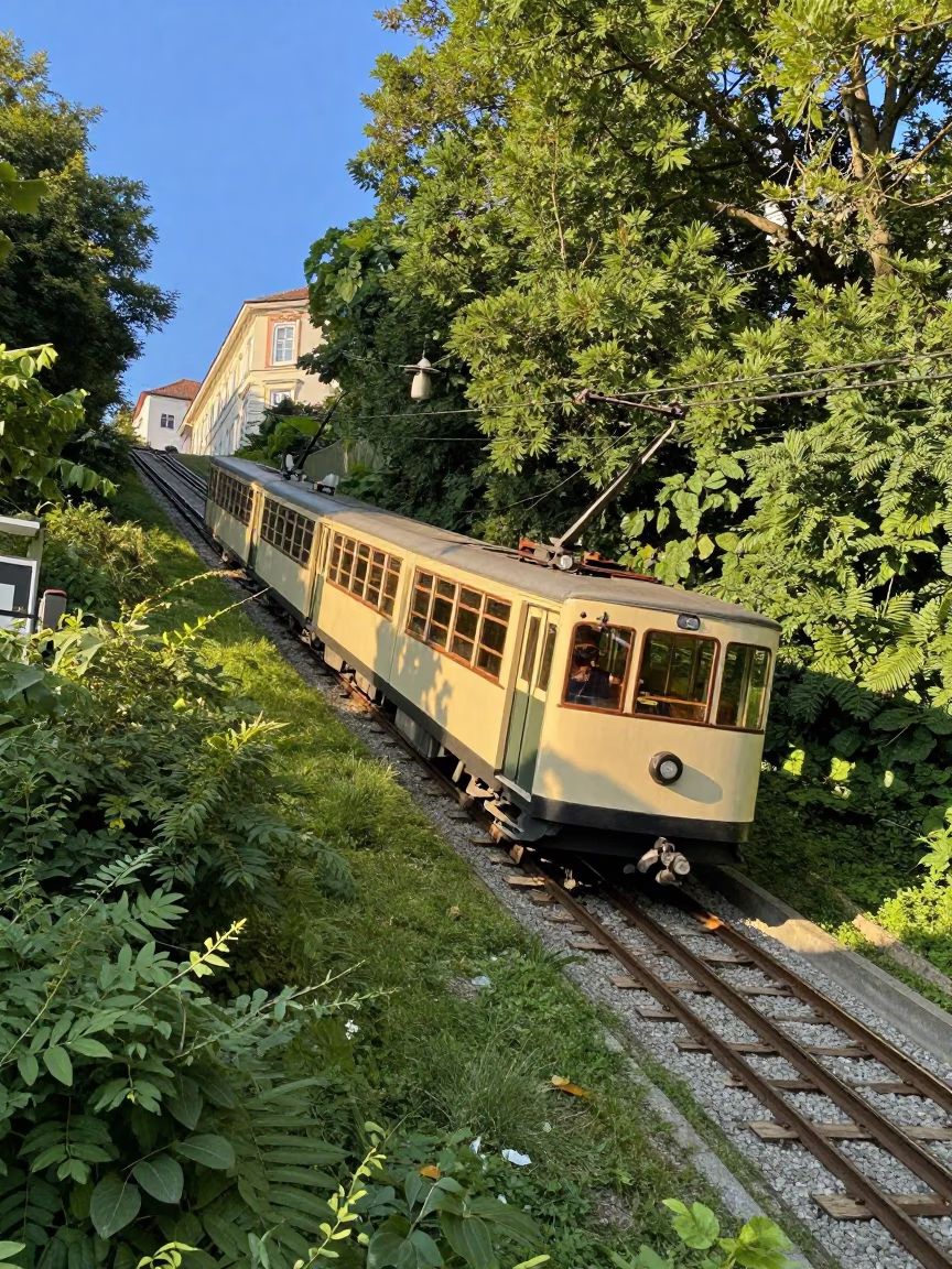 Vienna Funicular Railway Climbing Steep Hillside in Early Afternoon Light in in Vienna, Austria