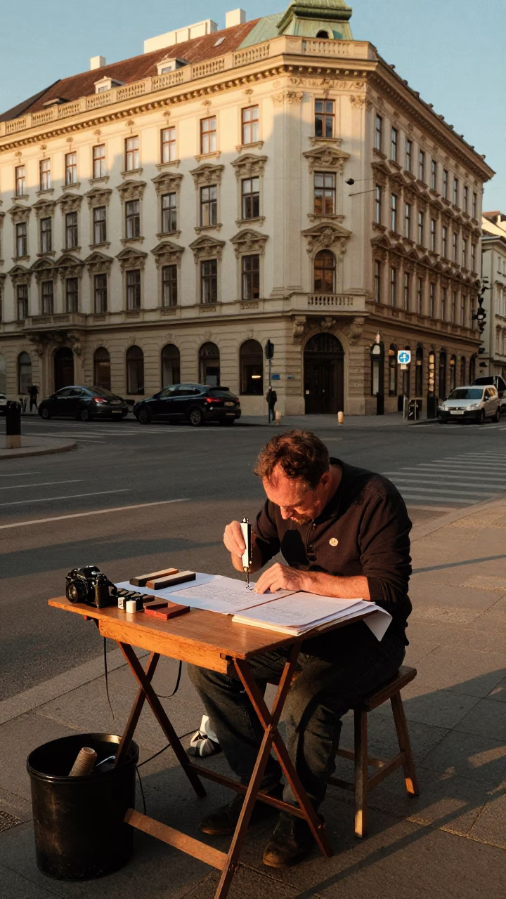 Vienna Golden Hour Street Scene with Bookbinder Sewing Signatures in Historic District in in Vienna, Austria
