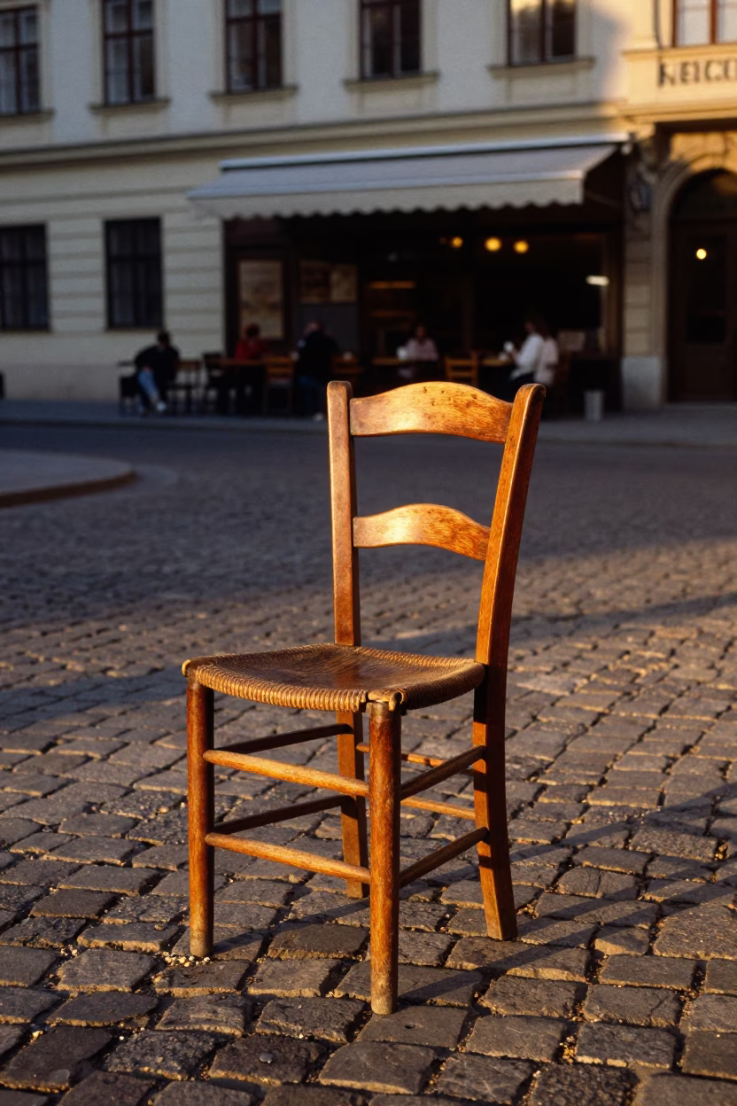 Vienna Golden Hour Street Scene with Classic Ladder-Back Chair and Cafe Ambiance in in Vienna, Austria