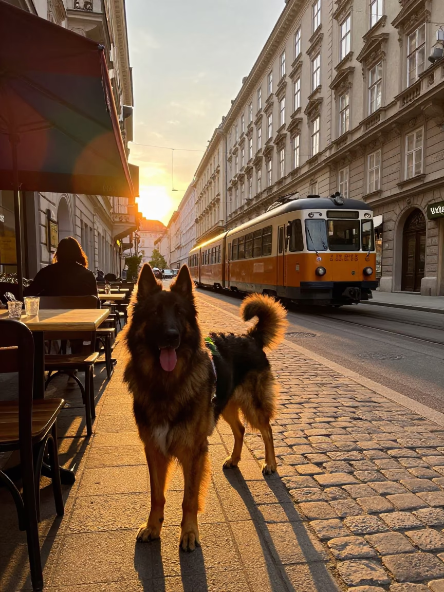Vienna Golden Hour Street Scene with Narrow Gauge Train and Broholmer Dog in in Vienna, Austria