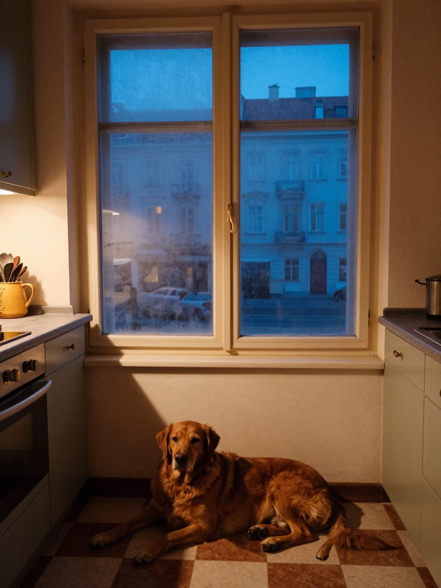 Vienna Kitchen Window at Twilight with Brown Dog and Drying Towels in in Vienna, Austria
