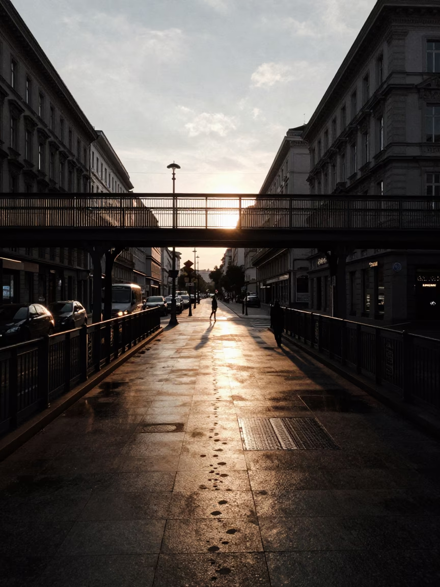 Vienna late afternoon street scene with pedestrian overpass and wet footsteps in in Vienna, Austria