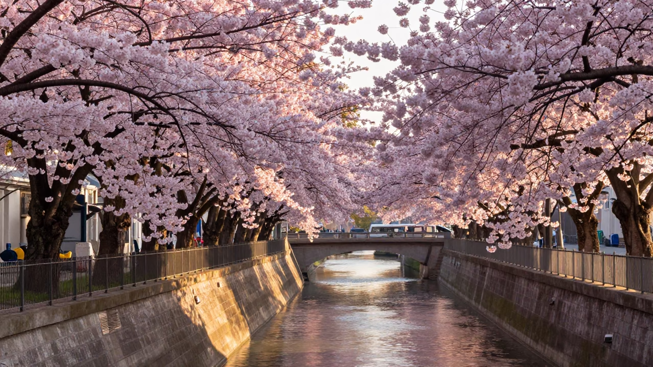 Vienna Morning Light Illuminates Cherry Blossoms Along Canal With Local Street Activity in in Vienna, Austria