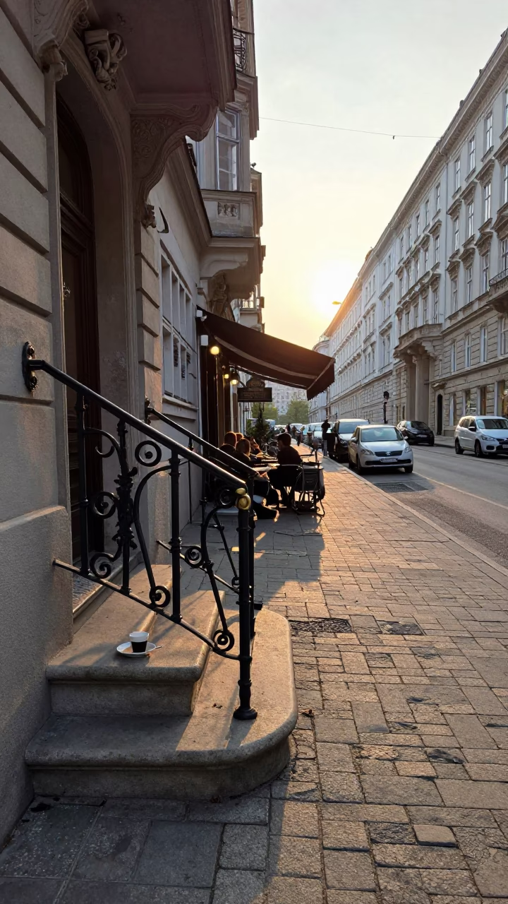 Vienna Morning Street Scene with Stair Rail and Coffee Shop Exterior in in Vienna, Austria