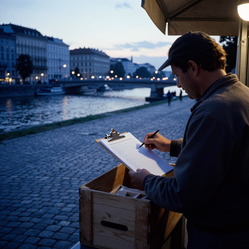 Vienna Nautical Dawn Street Scene with Clipboard and Wicker Shadow in in Vienna, Austria