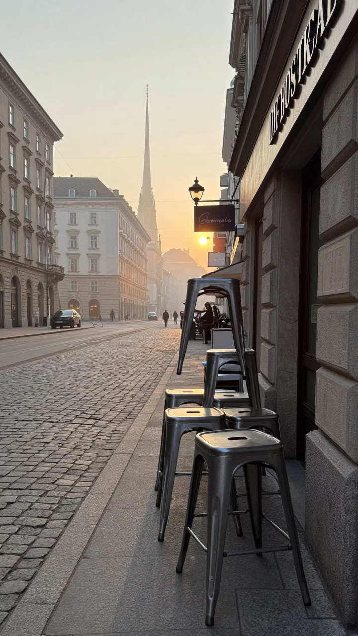 Vienna Nautical Dawn Street Scene with Metal Stools and Aprons on Cobblestone in in Vienna, Austria