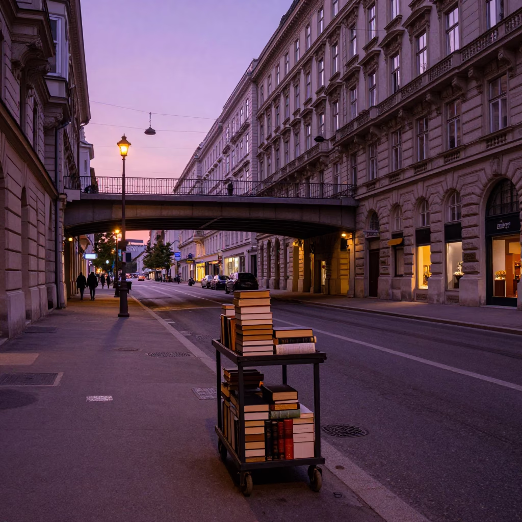 Vienna Nautical Dawn Street Scene with Overpass and Library Cart in in Vienna, Austria