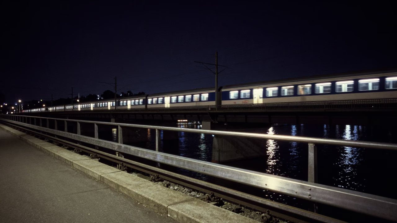 Vienna Night Scene with Commuter Train Bridge Crossing and Urban Street Details in in Vienna, Austria