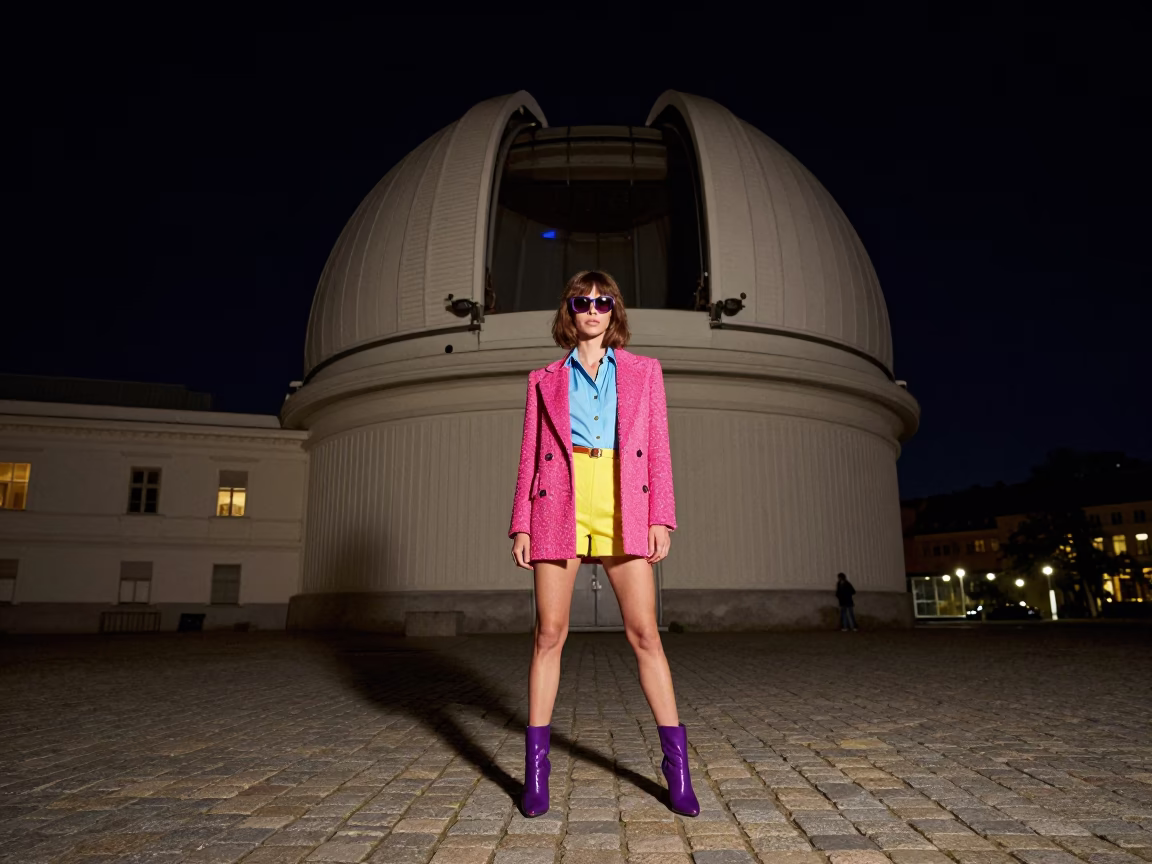 Vienna Night Sky Fashion Photography with Open Observatory Dome and Urban Street Scene in in Vienna, Austria
