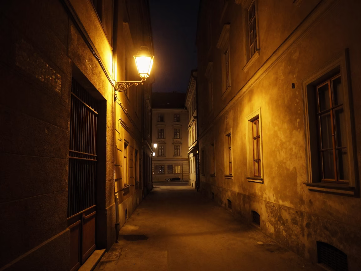 Vienna Night Street Scene with Amber Lamp Light and Rusty Metal Details in in Vienna, Austria