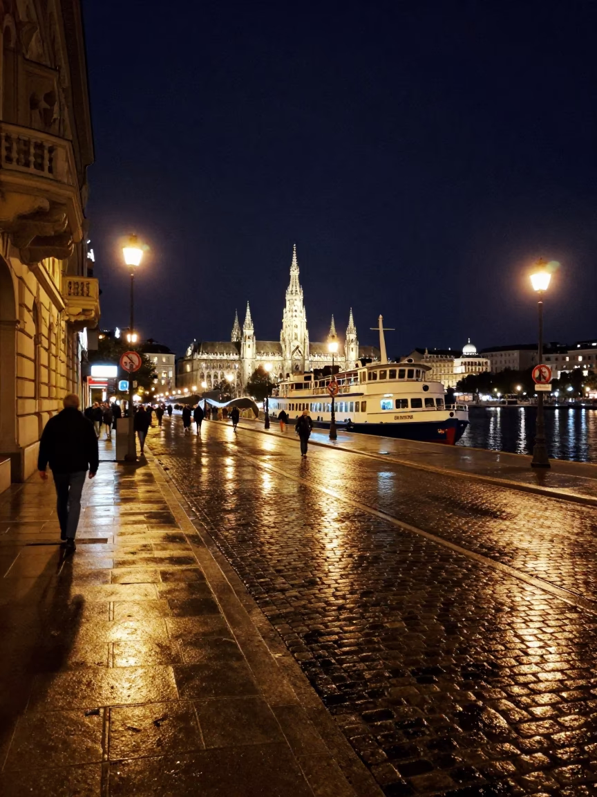Vienna Night Street Scene with Antwerp Mail Boat and Urban Details in in Vienna, Austria