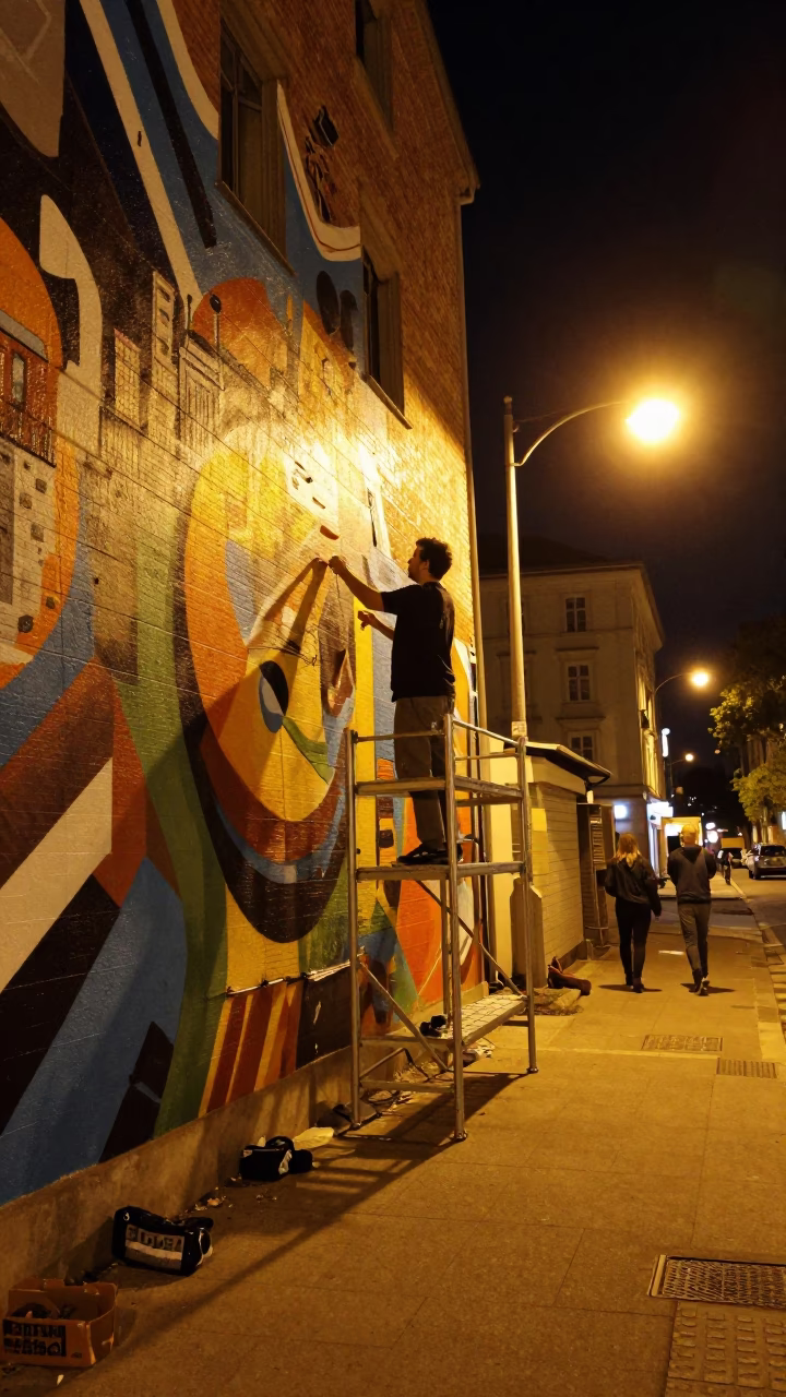 Vienna Night Street Scene with Artist Painting Mural and English Toy Spaniel in in Vienna, Austria