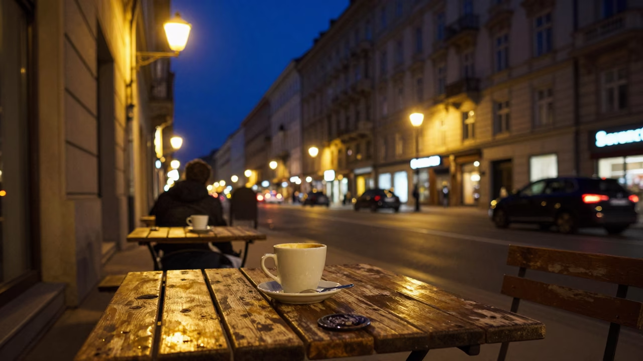 Vienna Night Street Scene with Coffee Cup and Urban Details in in Vienna, Austria