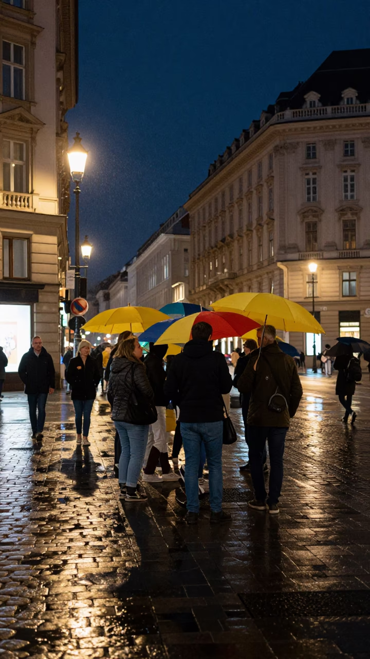 Vienna Night Street Scene With Colorful Umbrellas And Wet Cobblestones in in Vienna, Austria