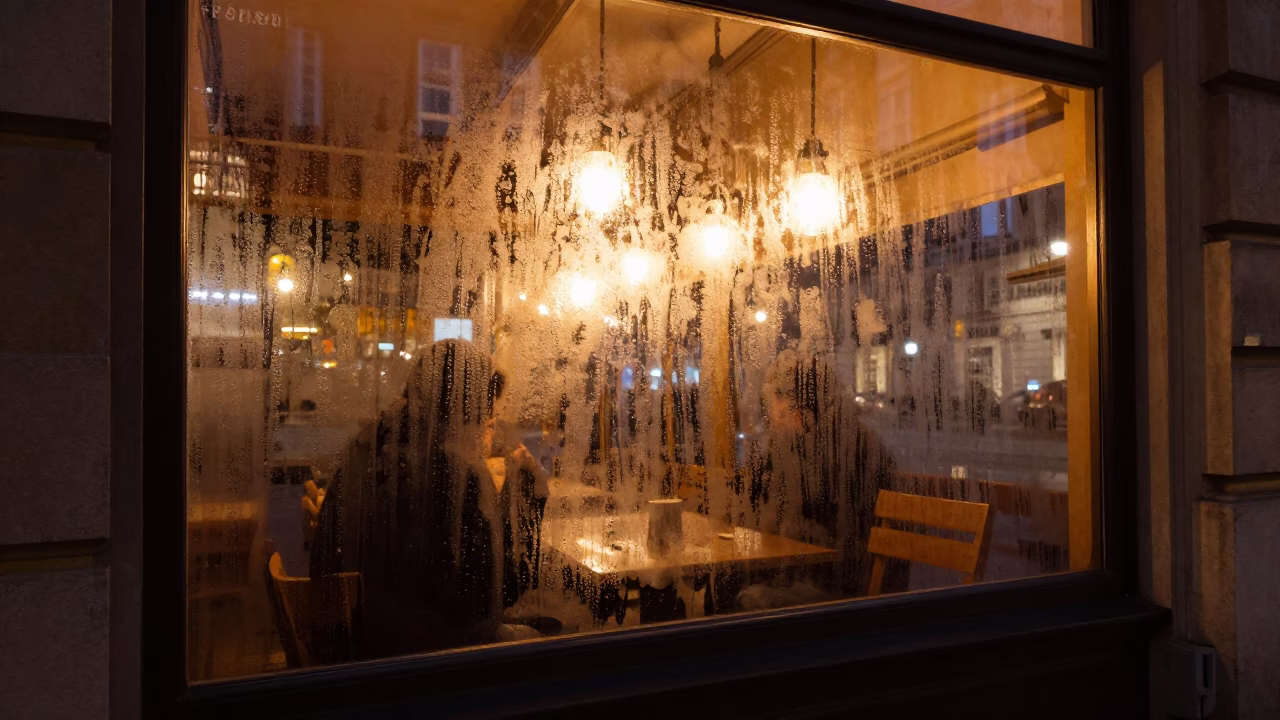 Vienna night street scene with condensation on glass and rolling carts in in Vienna, Austria