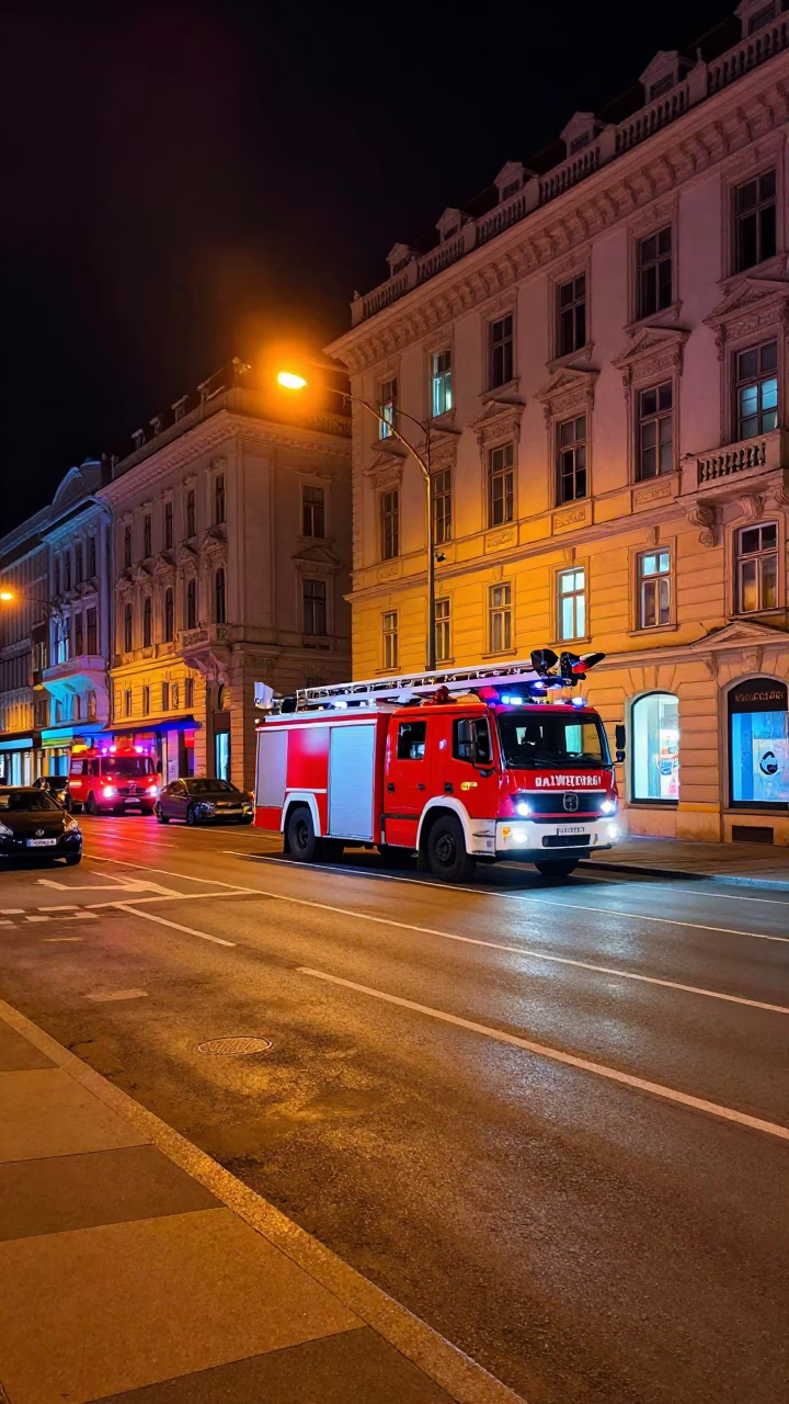 Vienna Night Street Scene with Fire Engine and Colorful Pastries in in Vienna, Austria