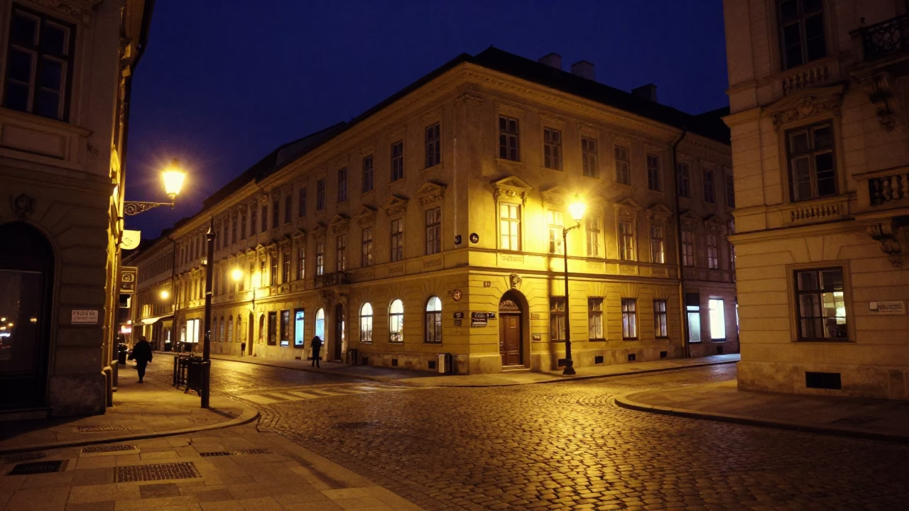 Vienna Night Street Scene with Historic Architecture and Urban Life Under Deep Night Sky in in Vienna, Austria