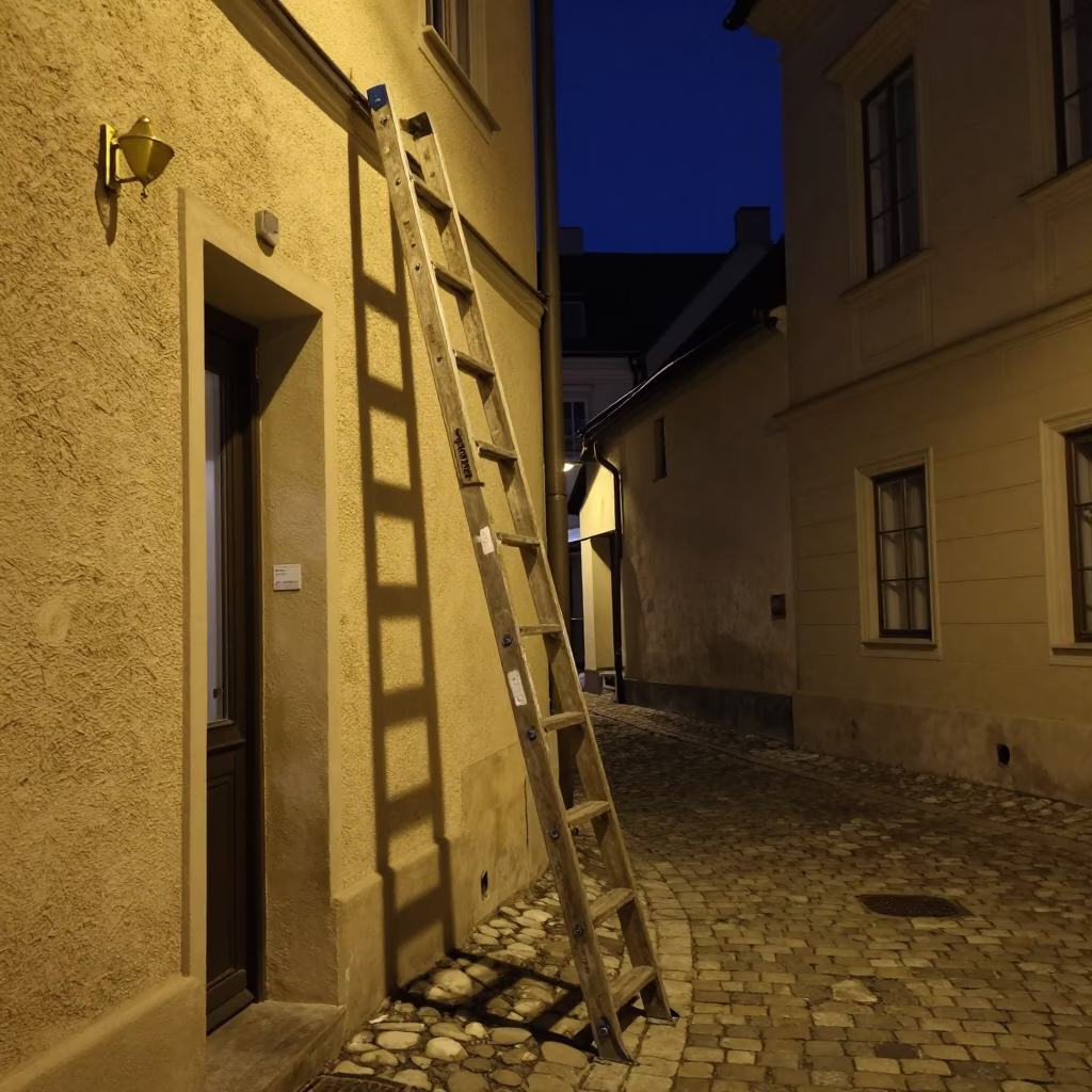 Vienna Night Street Scene with Ladder and Brass Fixtures in in Vienna, Austria