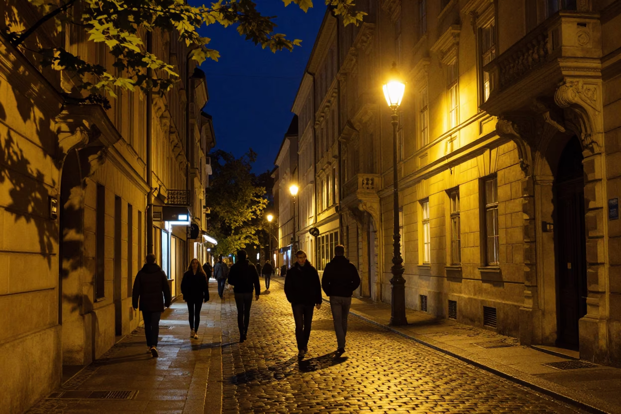 Vienna Night Street Scene with Leaf Shadows and Porcelain Bowl in in Vienna, Austria