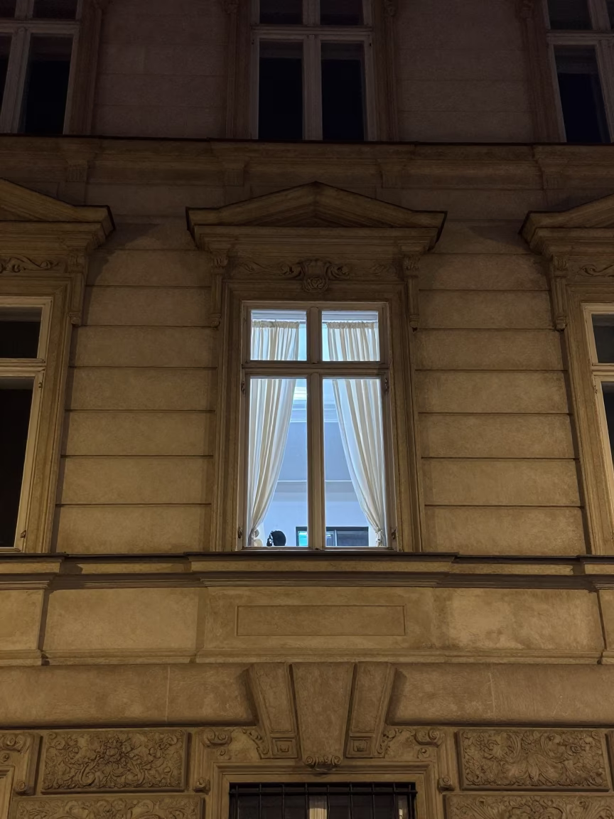 Vienna Night Street Scene with Open Window Curtain and Latch Detail in in Vienna, Austria