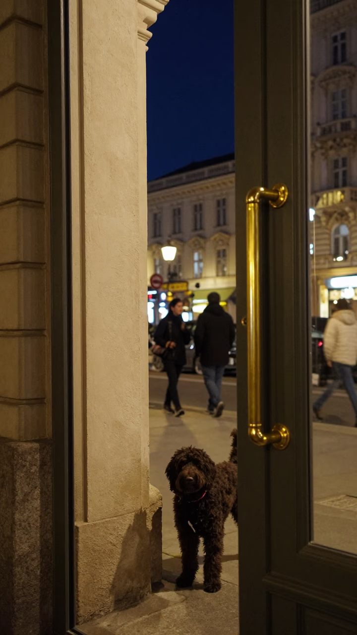 Vienna Night Street Scene with Polished Brass Handle and Curly-Coated Retriever in in Vienna, Austria