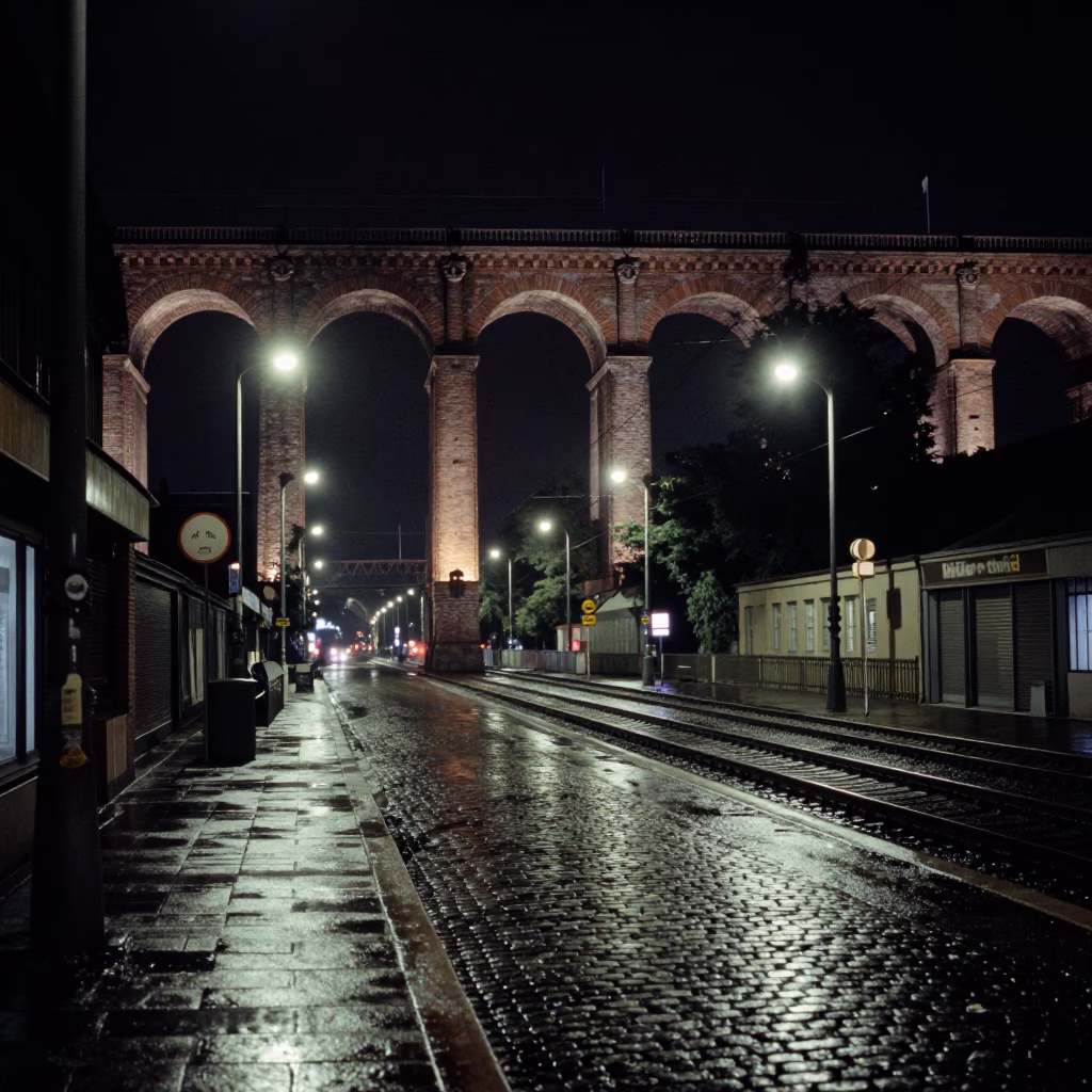 Vienna Night Street Scene with Railway Viaduct and Passing Train in Austria in in Vienna, Austria