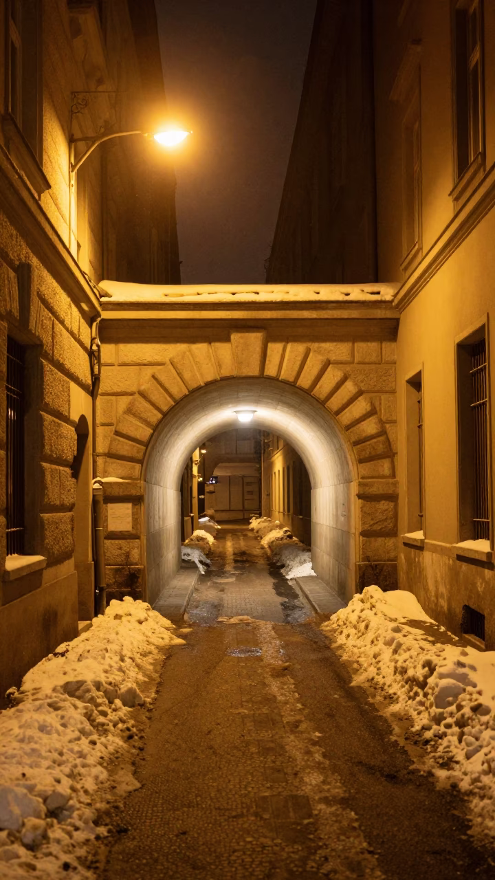 Vienna Night Street Scene with Sodium Lights Tunnel Portal and Wet Asphalt in in Vienna, Austria