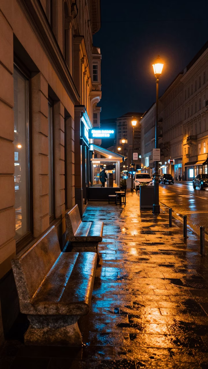 Vienna night street scene with stone bench and glass carafe in in Vienna, Austria