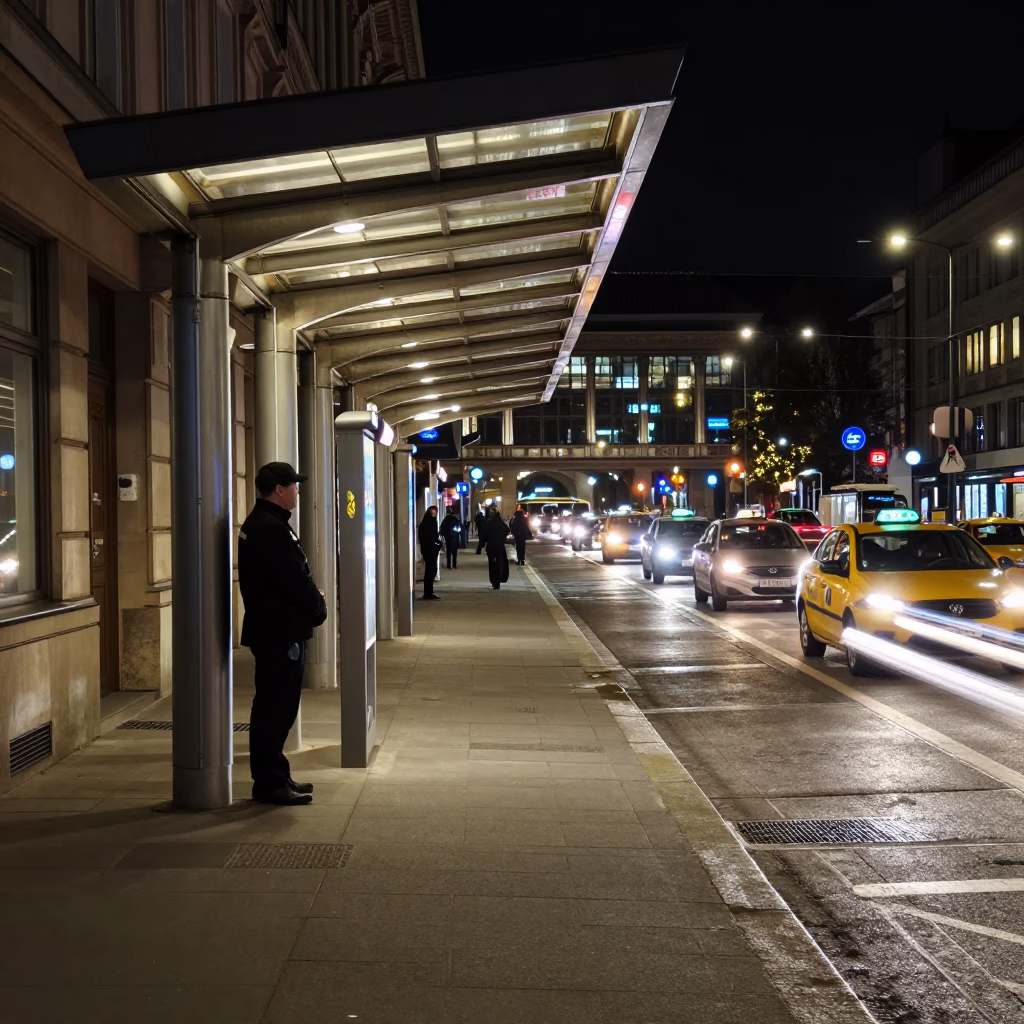 Vienna Night Taxi Rank Outside Hauptbahnhof With Headlight Streaks And Valet Stand in in Vienna, Austria