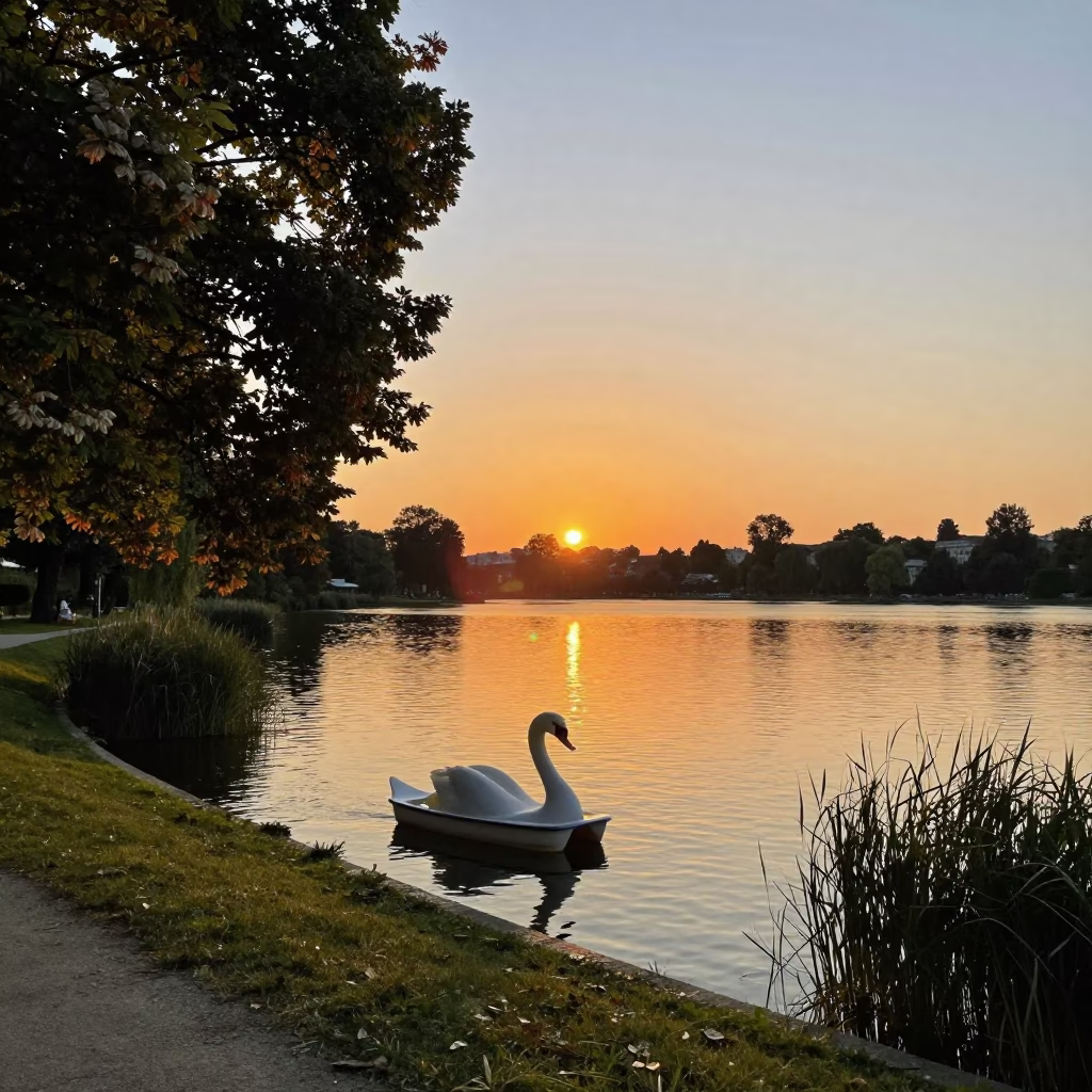 Vienna Park Lake at Sunset with Swan Pedal Boat and Water Ripples in in Vienna, Austria